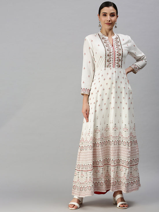 Women V-Neck Printed White Anarkali Kurta-BCCK837-White-Red