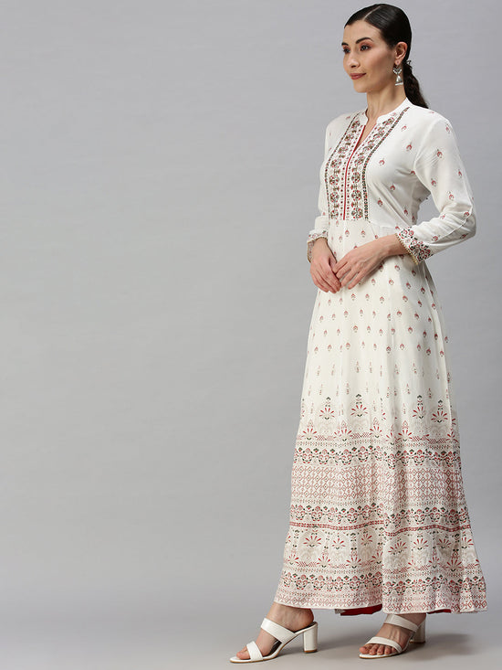 Women V-Neck Printed White Anarkali Kurta-BCCK837-White-Red