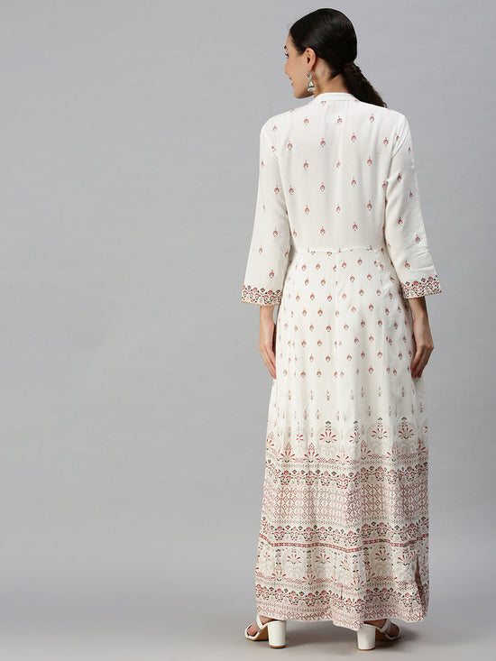 Women V-Neck Printed White Anarkali Kurta-BCCK837-White-Red