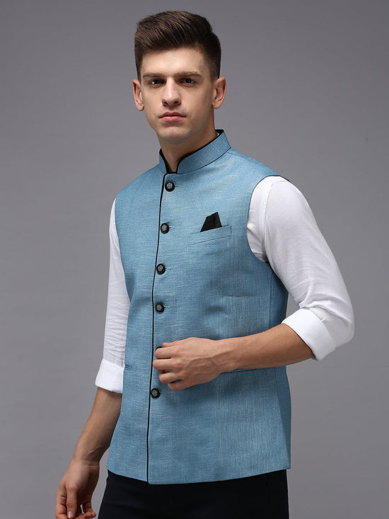 Men Mandarin Collar Solid Blue Nehru Jacket-BD-906-Blue