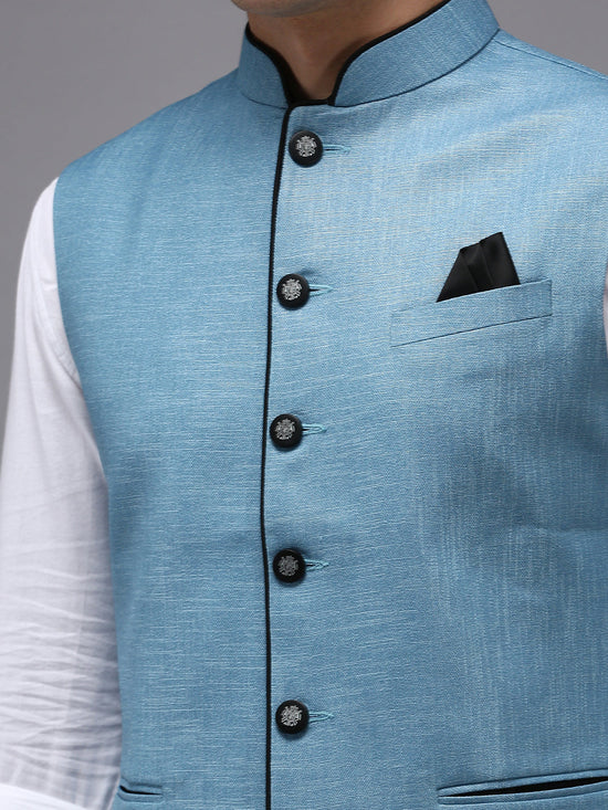 Men Mandarin Collar Solid Blue Nehru Jacket-BD-906-Blue