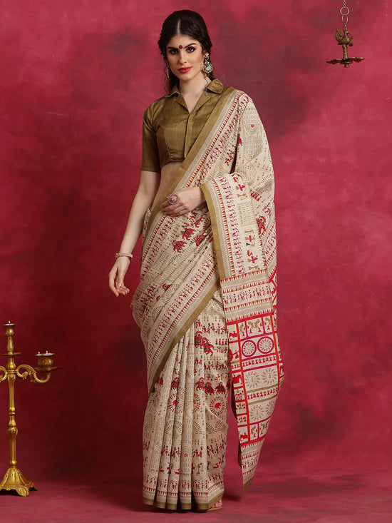 Saree Mall Women's Bhagalpuri  Beige Printed Designer Saree With Blouse Piece-BGP2708A