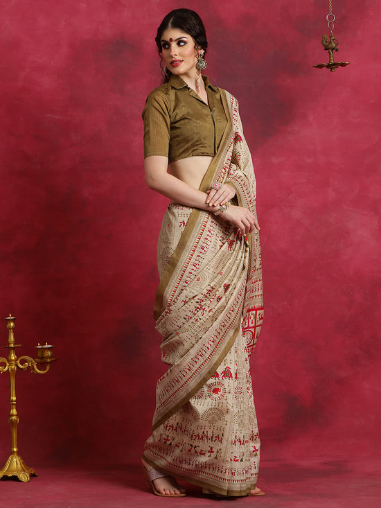 Saree Mall Women's Bhagalpuri  Beige Printed Designer Saree With Blouse Piece-BGP2708A