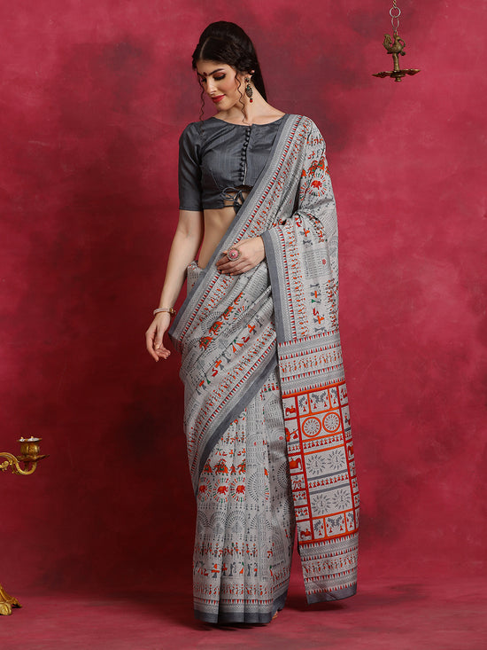 Saree Mall Women's Bhagalpuri  Grey Printed Designer Saree With Blouse Piece-BGP2708C