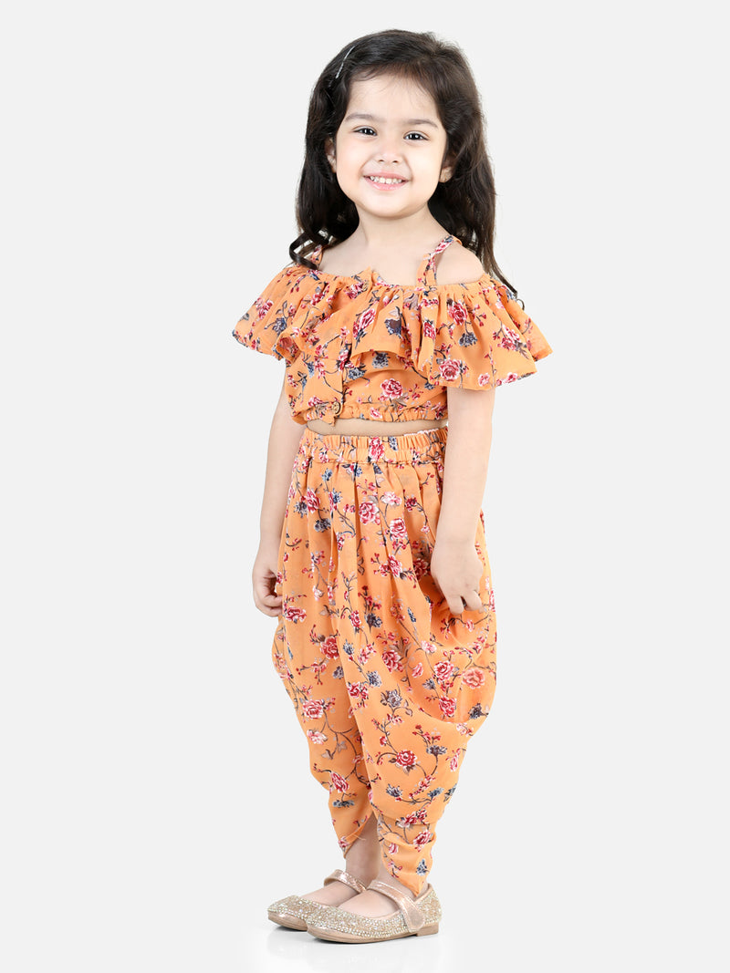 BownBee Girls Printed Ruffle Georgette Top with Dhoti Co Orders Clothing Sets- Orange