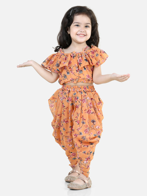 BownBee Girls Printed Ruffle Georgette Top with Dhoti Co Orders Clothing Sets- Orange