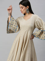 Women V-Neck Geometric Off White Anarkali Kurta-BS586-Offwhiteblue