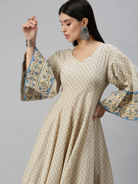 Women V-Neck Geometric Off White Anarkali Kurta-BS586-Offwhiteblue