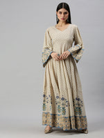 Women V-Neck Geometric Off White Anarkali Kurta-BS586-Offwhiteblue