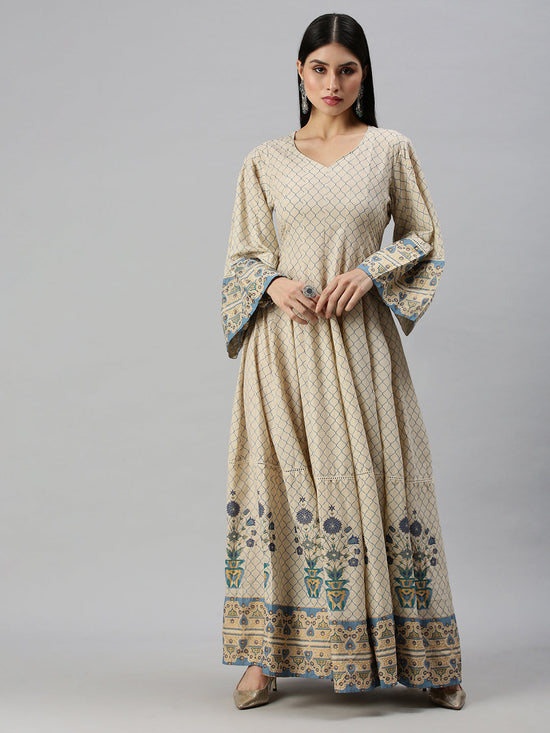 Women V-Neck Geometric Off White Anarkali Kurta-BS586-Offwhiteblue