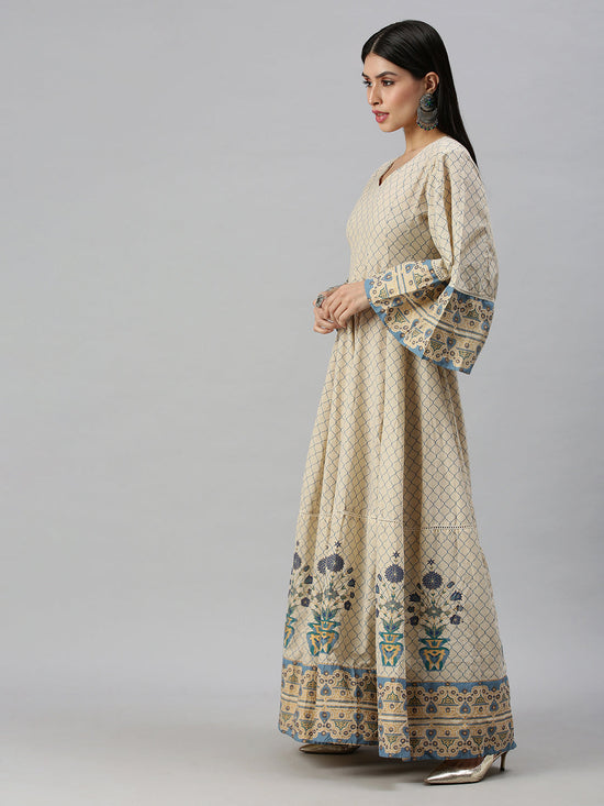 Women V-Neck Geometric Off White Anarkali Kurta-BS586-Offwhiteblue