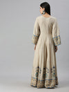 Women V-Neck Geometric Off White Anarkali Kurta-BS586-Offwhiteblue