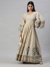 Women V-Neck Geometric Off White Anarkali Kurta-BS586-Offwhiteblue