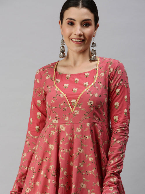 Women Printed Pink Anarkali Kurta-BSM1014-Pink