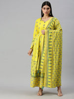 Women V-Neck Floral Yellow Anarkali Kurta and Trouser-BSM1018-Yellow