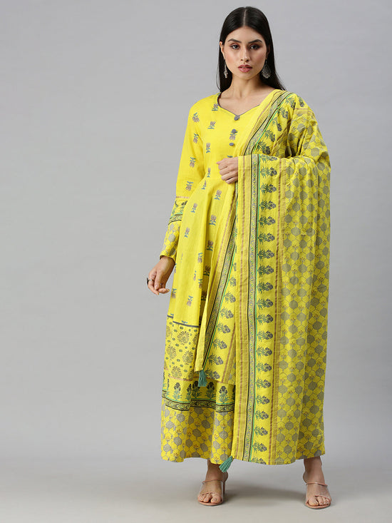 Women V-Neck Floral Yellow Anarkali Kurta and Trouser-BSM1018-Yellow