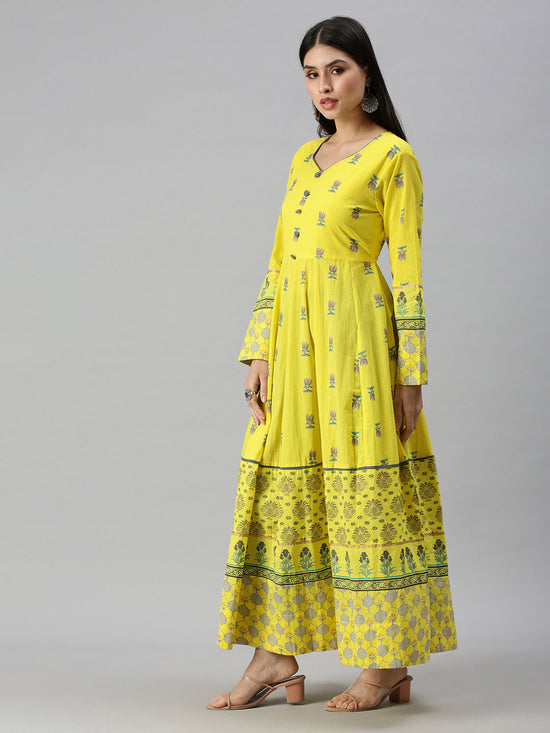 Women V-Neck Floral Yellow Anarkali Kurta and Trouser-BSM1018-Yellow