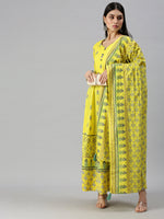 Women V-Neck Floral Yellow Anarkali Kurta and Trouser-BSM1018-Yellow