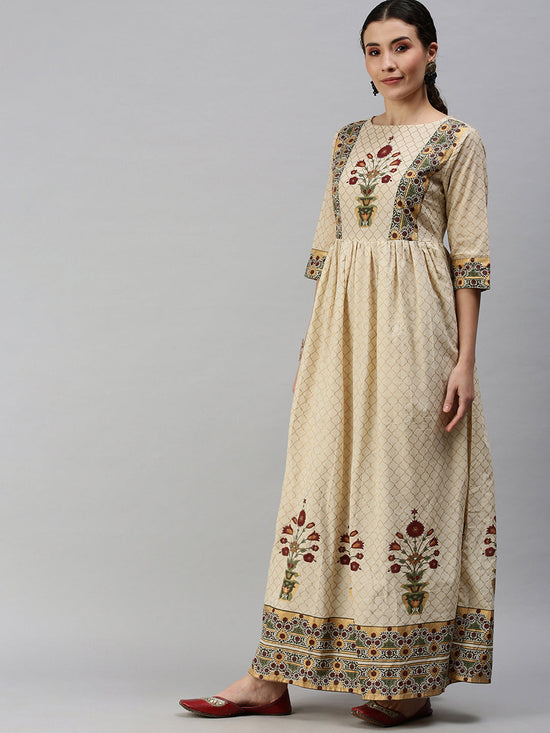 Women Printed Beige Anarkali Kurta-BSM605-Beige