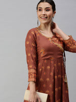 Women V-Neck Printed Rust Anarkali Kurta-BSM617-Rust