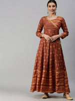 Women V-Neck Printed Rust Anarkali Kurta-BSM617-Rust