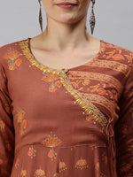 Women V-Neck Printed Rust Anarkali Kurta-BSM617-Rust