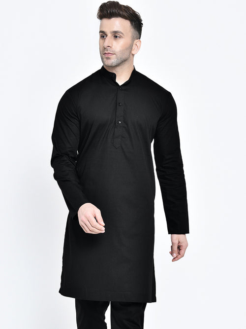 Hangup Men Standard Solid Men's Indian Wear-Black_Cotton_LongKurta