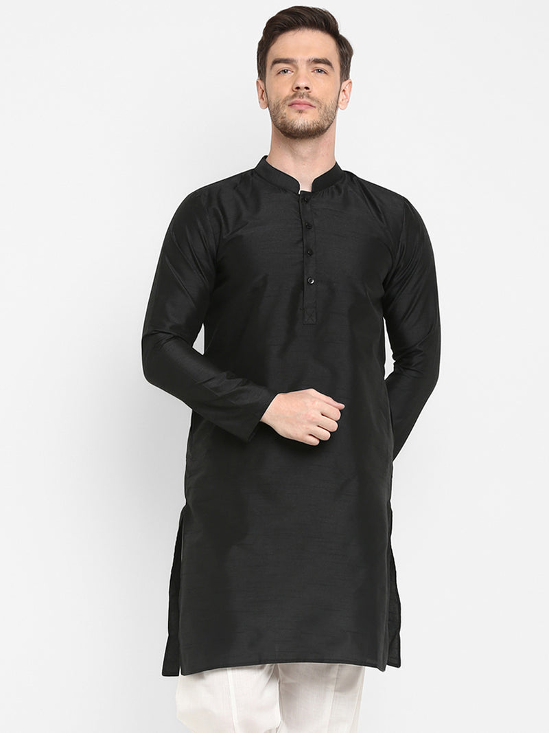 Hangup Men Standard Solid Men's Indian Wear-Black_Dupion_LongKurta