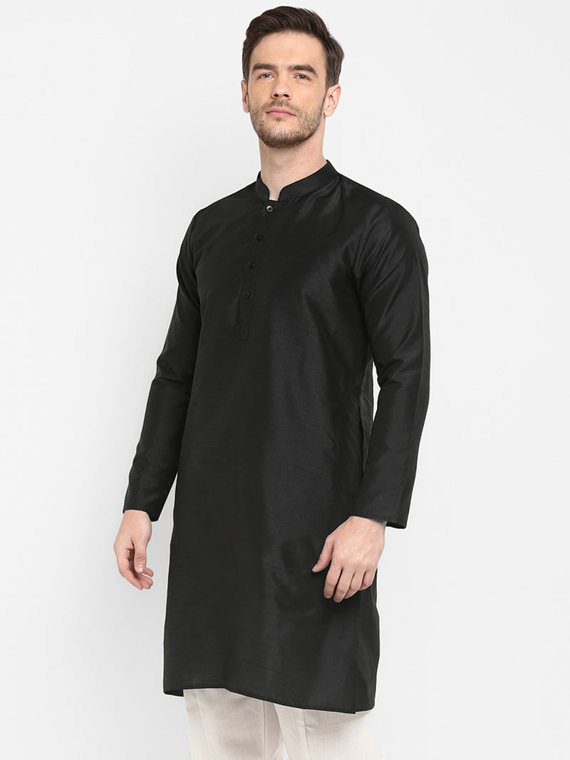 Hangup Men Standard Solid Men's Indian Wear-Black_Dupion_LongKurta