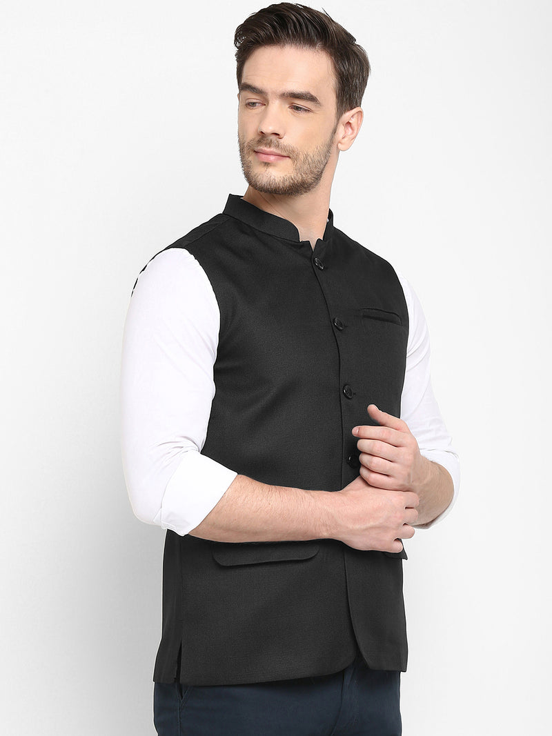 Hangup Men Standard Solid Men's Indian Wear-Black_Jute_Nehru