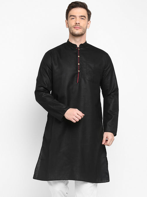 Hangup Men Standard Solid Men's Indian Wear-Black_Piping_LongKurta