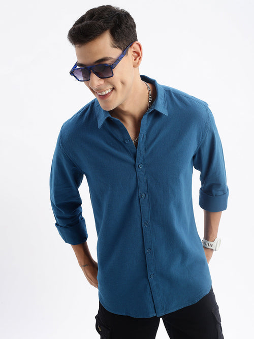 Men Spread Collar Solid Slim Fit Teal Shirt-Boaz-2758-Teal