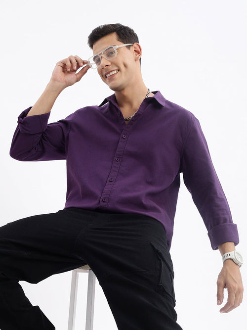 Men Spread Collar Solid Slim Fit Purple Shirt-Boaz-2759-Purple