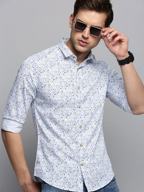 Men Spread Collar Printed White Shirt-BritannickPrint-3016-White