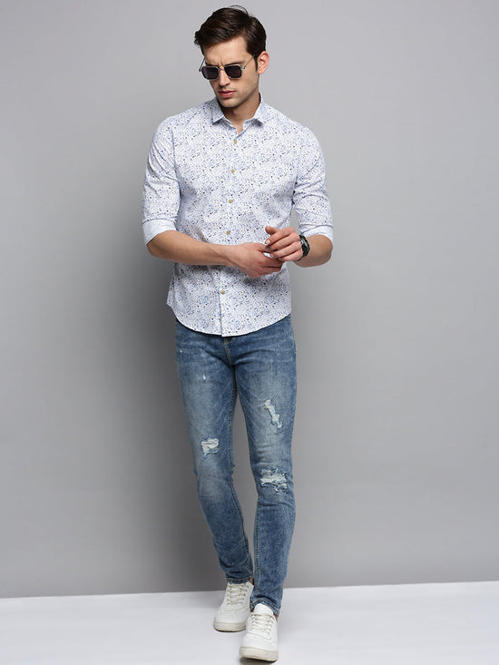 Men Spread Collar Printed White Shirt-BritannickPrint-3016-White