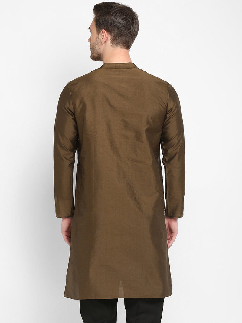 Hangup Men Standard Solid Men's Indian Wear-Brown_Dupion_LongKurta