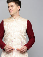 Men Mandarin Collar Woven Design Rose Gold Nehru Jacket-CD-B-1035-Rosegold