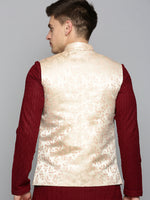 Men Mandarin Collar Woven Design Rose Gold Nehru Jacket-CD-B-1035-Rosegold