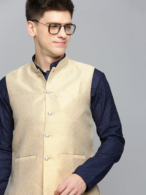 Men Mandarin Collar Woven Design Gold Nehru Jacket-CD-B-1041-Gold