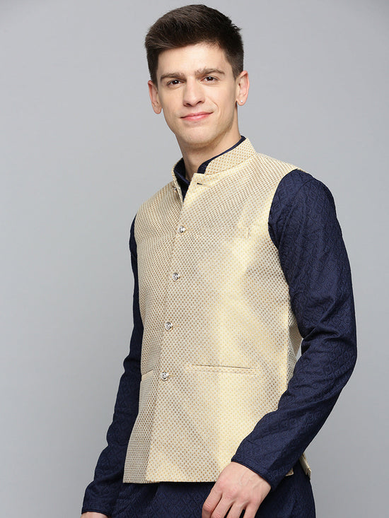 Men Mandarin Collar Woven Design Gold Nehru Jacket-CD-B-1041-Gold