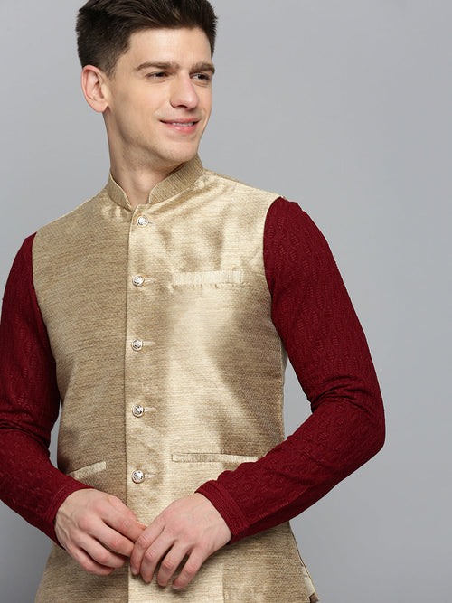 Men Mandarin Collar Woven Design Gold Nehru Jacket-CD-B-1045-Gold