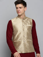 Men Mandarin Collar Woven Design Gold Nehru Jacket-CD-B-1045-Gold