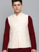 Men Mandarin Collar Woven Design Peach Nehru Jacket-CD-B-1051-Peach