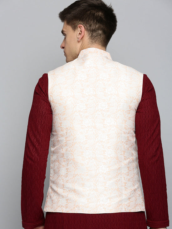 Men Mandarin Collar Woven Design Peach Nehru Jacket-CD-B-1051-Peach