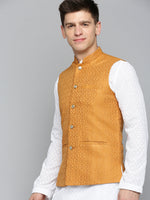 Men Mandarin Collar Woven Design Bronze Nehru Jacket-CD-B-1052-Bronze