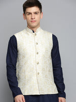 Men Mandarin Collar Woven Design Cream Nehru Jacket-CD-B-1053-Cream