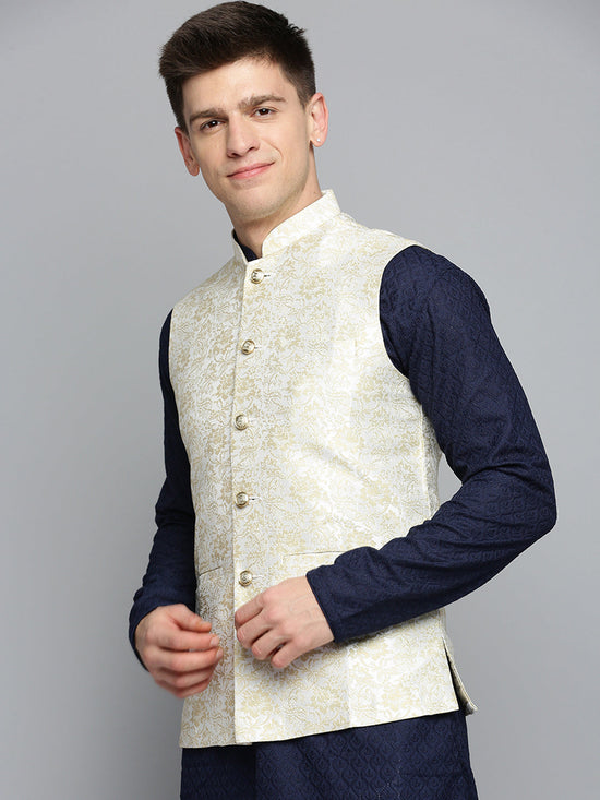 Men Mandarin Collar Woven Design Cream Nehru Jacket-CD-B-1053-Cream