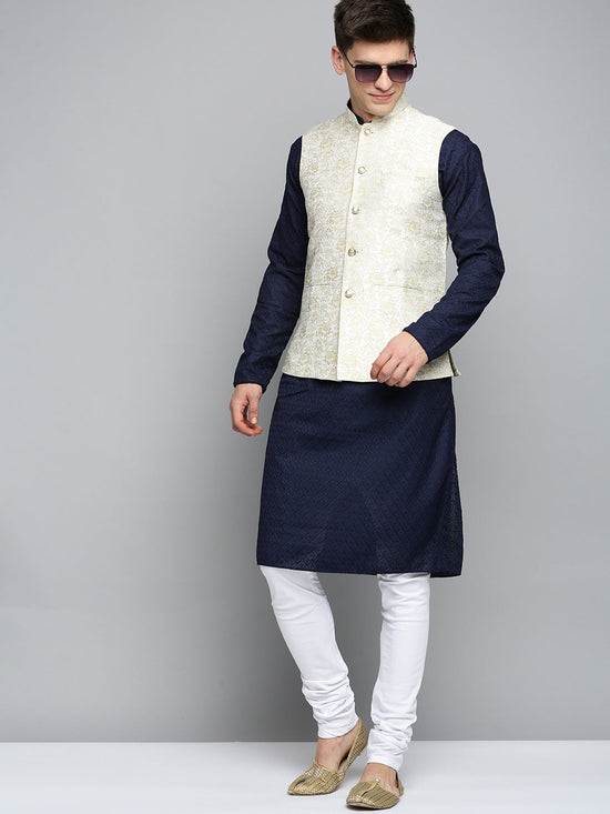 Men Mandarin Collar Woven Design Cream Nehru Jacket-CD-B-1053-Cream