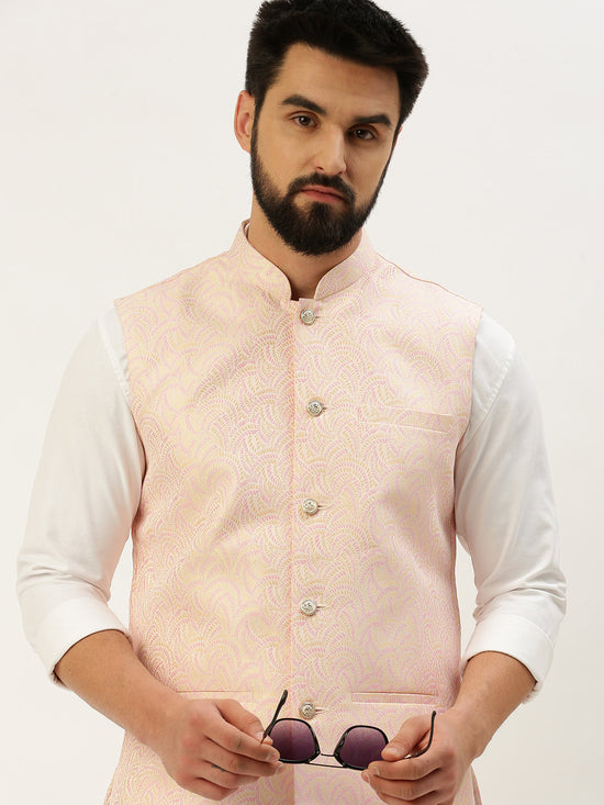 Men Mandarin Collar Woven Design Pink Nehru Jacket-CD-B-1057-Pink