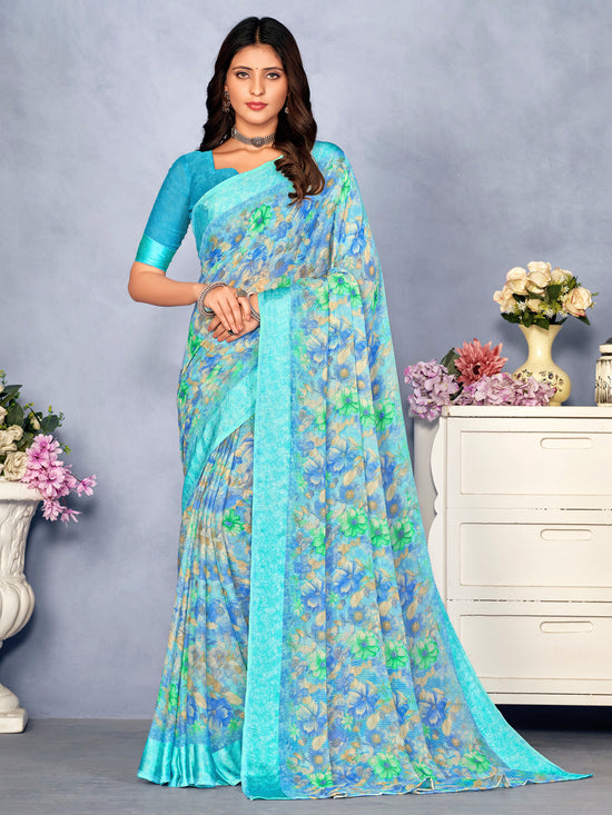 Saree Mall Women's Chiffon Blue Printed Designer Saree With Blouse Piece-CHERY27801C